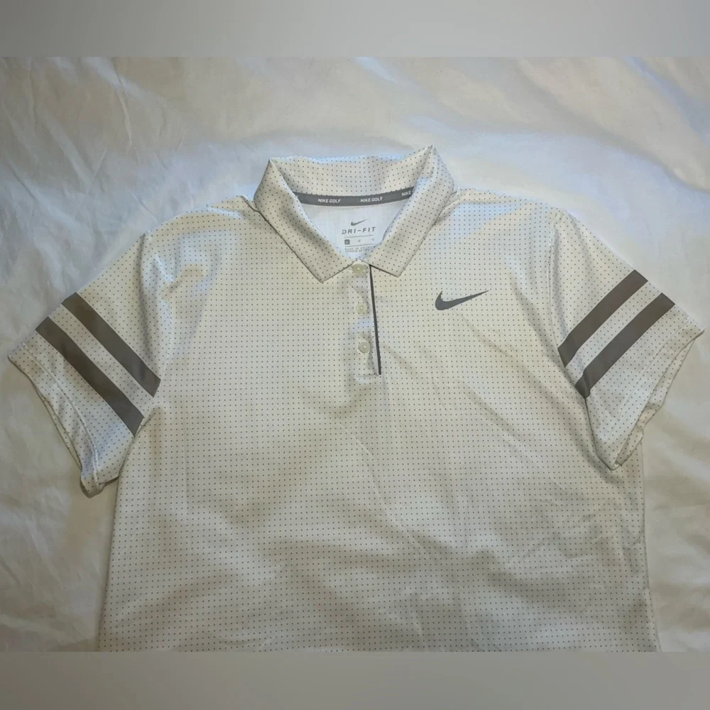 Nike Golf Dri-Fit White Polo Shirt with Gray Polka Dots Womens Size Large